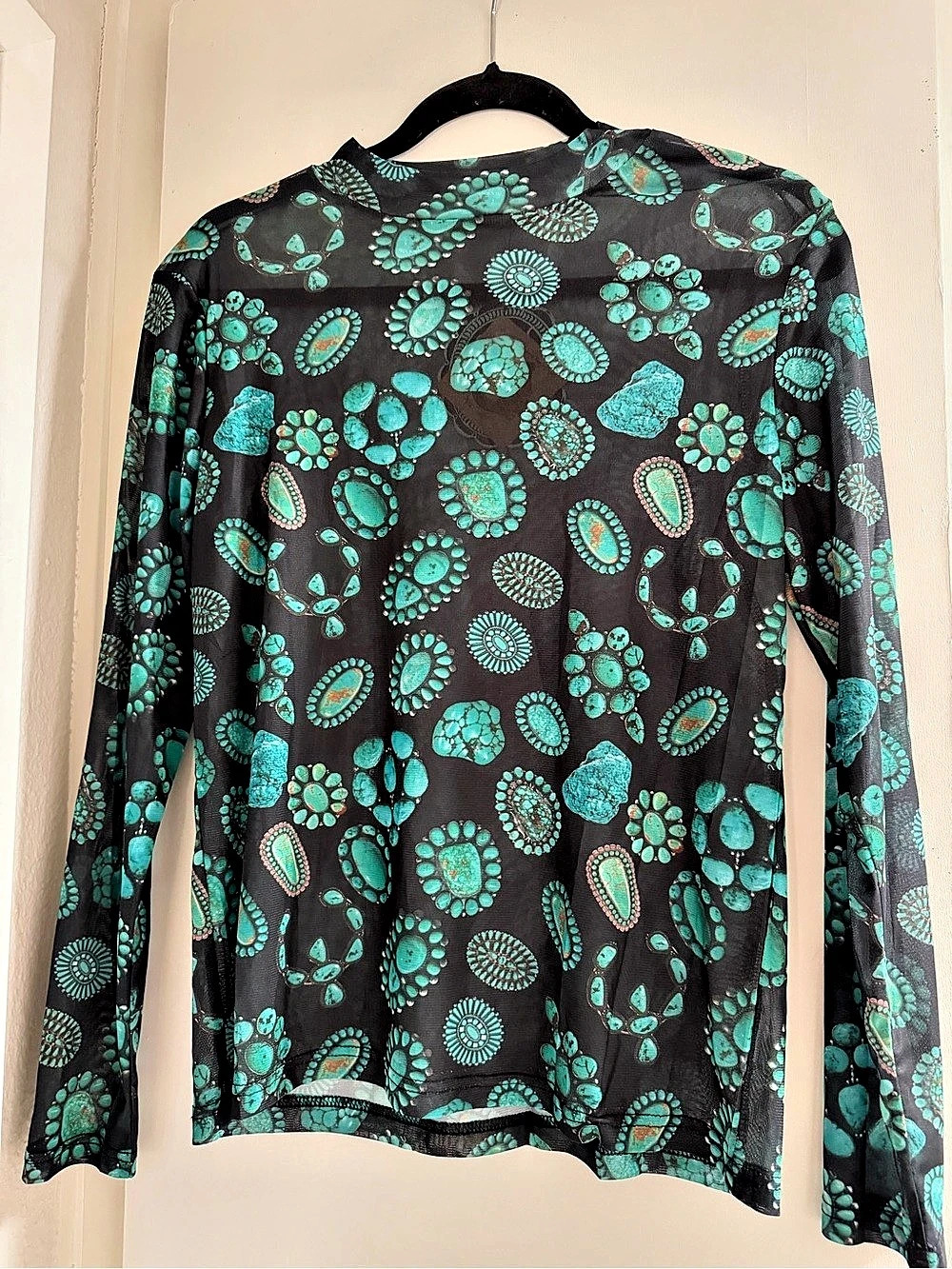 Medium Paisley Sheer Long Sleeve Top in Black & Turquoise Size Medium